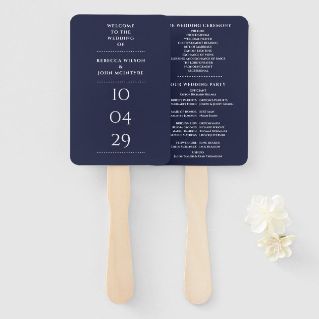 Hochzeitsprogramm für Navy Blue Fächer (Vorne und Hinten)