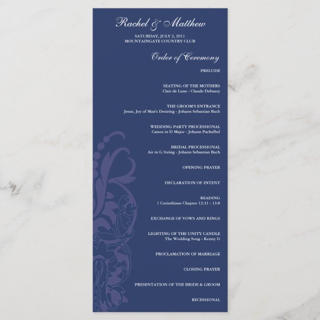 Hochzeitsprogramm für Navy Blue Floral Programm (Vorderseite)