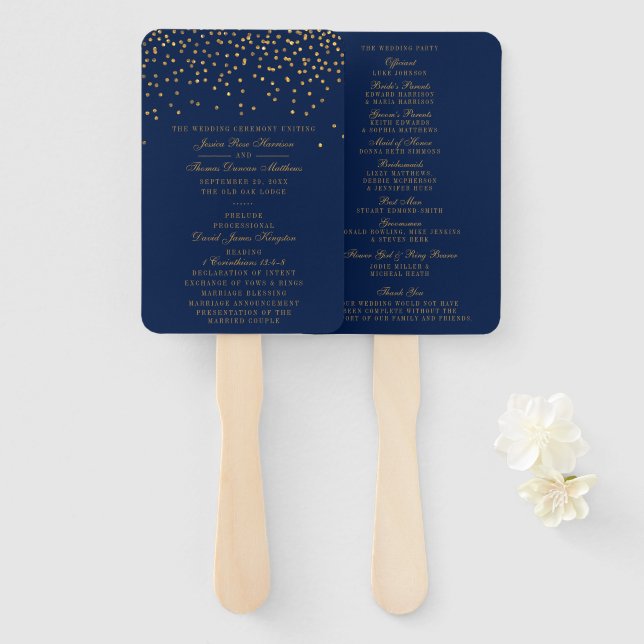 Hochzeitsprogramm für Navy Blue & Glam Gold Confet Fächer (Vorne und Hinten)