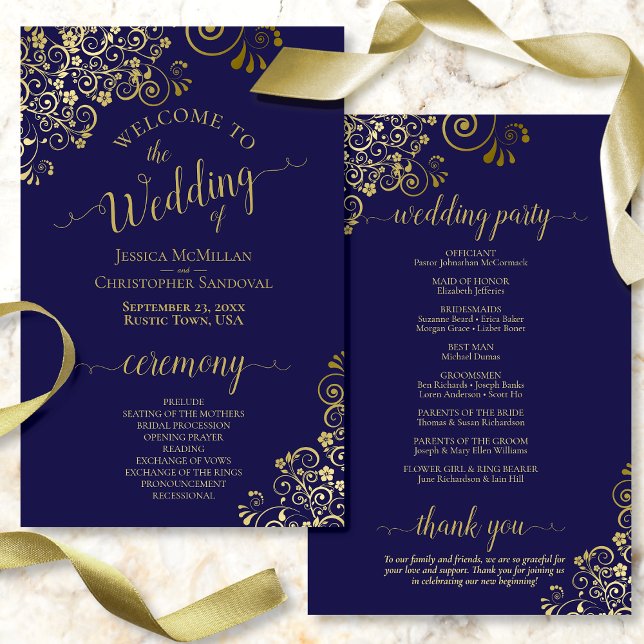 Hochzeitsprogramm für Navy Blue & Gold (Front/Back)