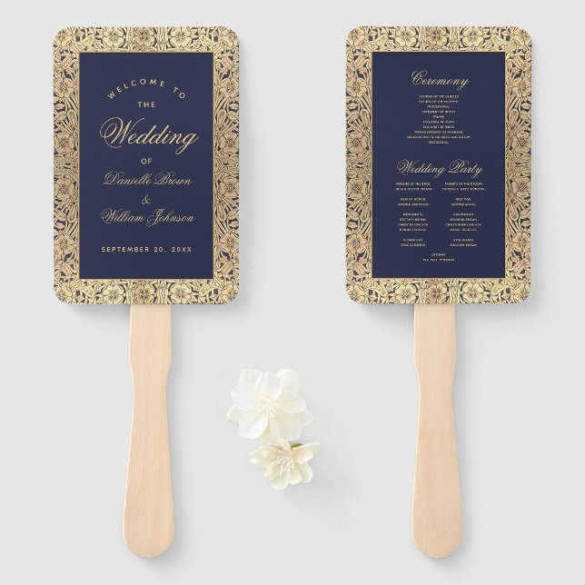 Hochzeitsprogramm für Navy Blue Gold Rose Vintage Fächer (Von Creator hochgeladen)
