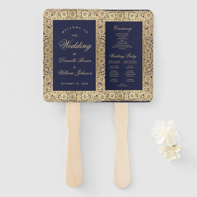 Hochzeitsprogramm für Navy Blue Gold Rose Vintage Fächer (Vorne und Hinten)