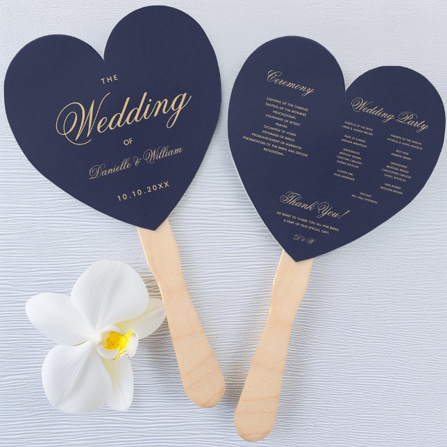 Hochzeitsprogramm für Navy Blue Golden Calligraphy Fächer (Von Creator hochgeladen)