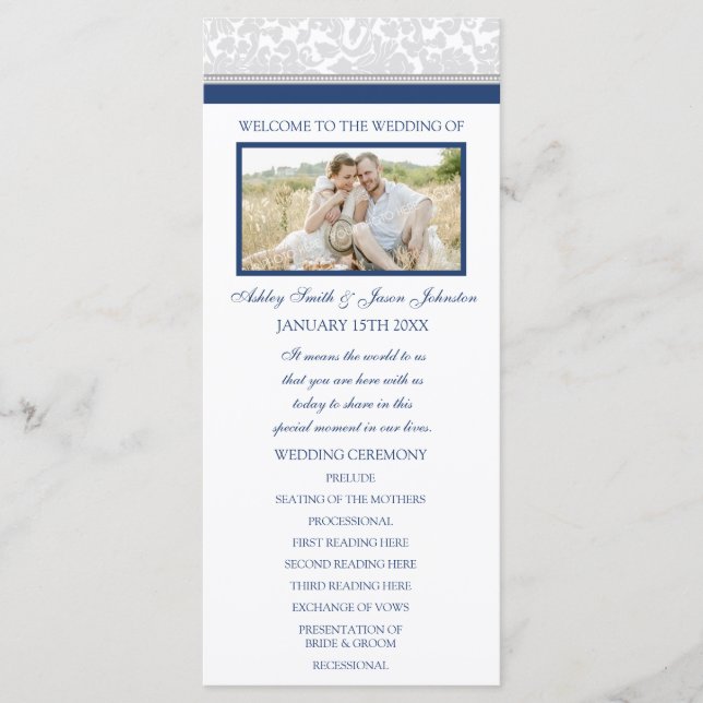 Hochzeitsprogramm für Navy Blue Gray Damask Foto Programm (Vorderseite)