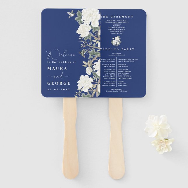 Hochzeitsprogramm für Navy Blue Ivory Chinoiserie Fächer (Vorne und Hinten)