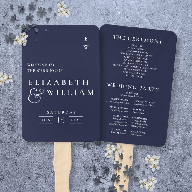 Hochzeitsprogramm für Navy Blue Minimalistisch Mon Fächer (Navy Blue Minimalist Monogram Wedding Program Hand Fan)