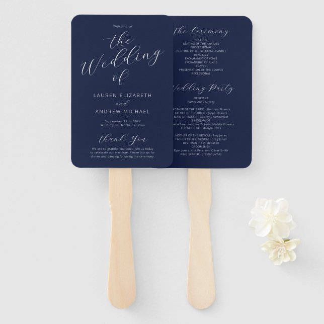 Hochzeitsprogramm für Navy Blue Modern Calligraphy Fächer (Vorne und Hinten)