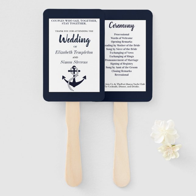 Hochzeitsprogramm für Navy Blue Nautical Anchor Fächer (Vorne und Hinten)