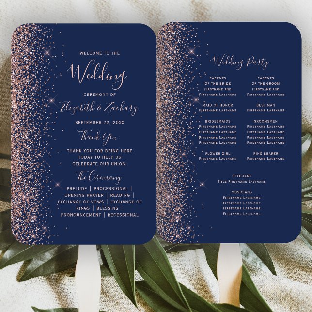 Hochzeitsprogramm für Navy Blue Rose Gold Glitzer  Fächer (Von Creator hochgeladen)
