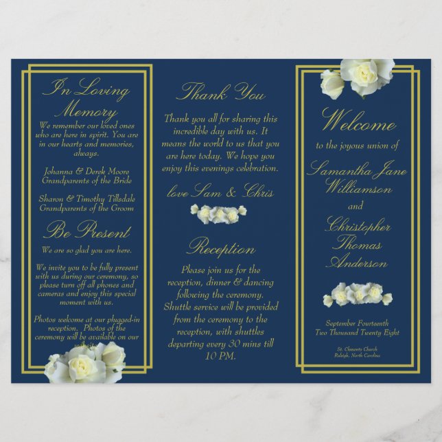 Hochzeitsprogramm für Navy Blue-Script-Rose (Vorderseite)
