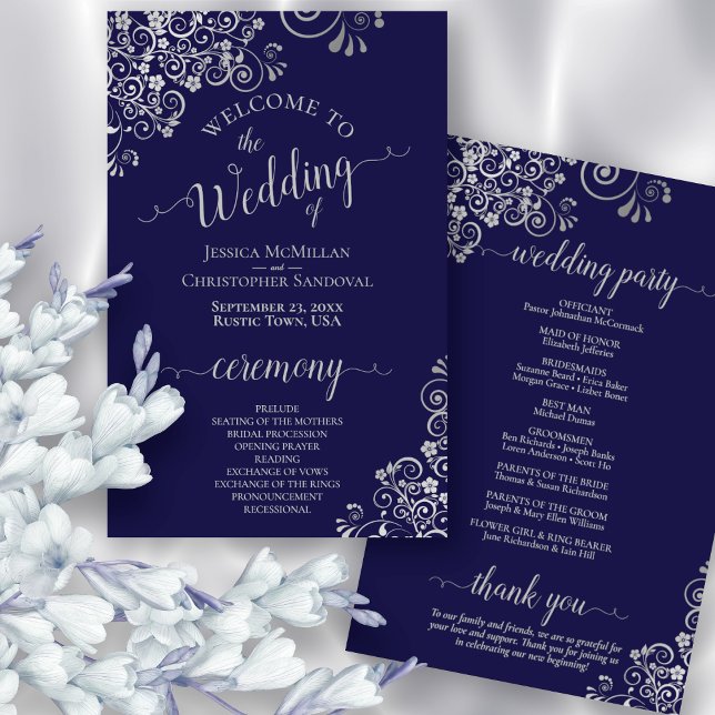 Hochzeitsprogramm für Navy Blue & Silver Lace (Front and Back)