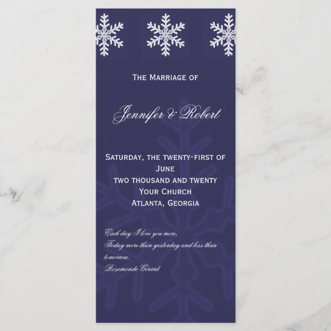 Hochzeitsprogramm für Navy Blue Snowflake Programm (Vorderseite)