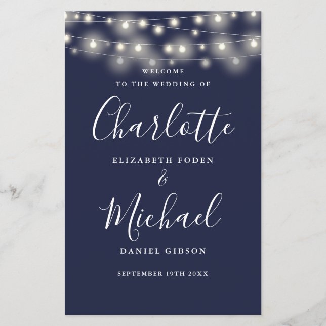Hochzeitsprogramm für Navy Blue String Lights (Vorderseite)