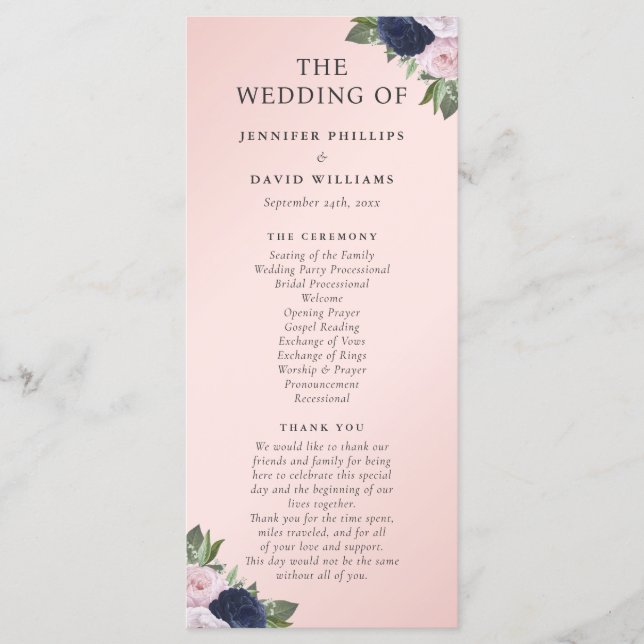 Hochzeitsprogramm für Navy Blue und Blush Floral Programm (Vorderseite)