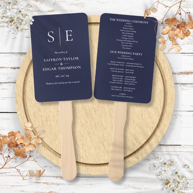 Hochzeitsprogramm für Navy Blue und Gold Monogram Fächer (Navy Blue And Gold Monogram Wedding Program Hand Fan)