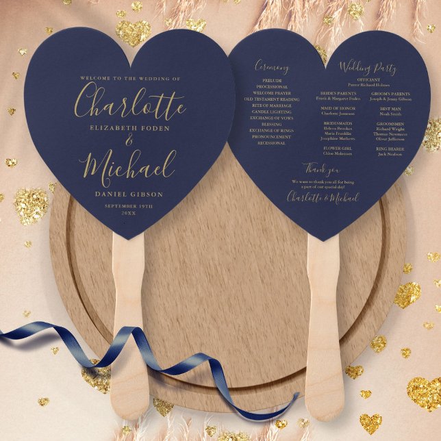Hochzeitsprogramm für Navy Blue und Gold Script Fächer (Von Creator hochgeladen)