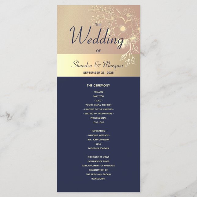 Hochzeitsprogramm für Navy Blue und Rose Gold Programm (Vorderseite)