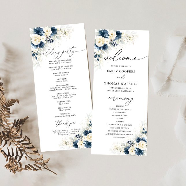 Hochzeitsprogramm für Navy Blue und White Roses Programm (Von Creator hochgeladen)