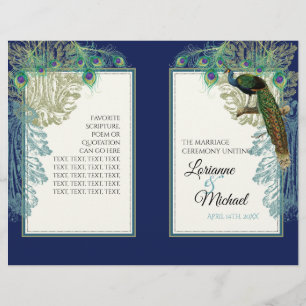 Hochzeitsprogramm für Navy Blue Vintag Peacock Fea