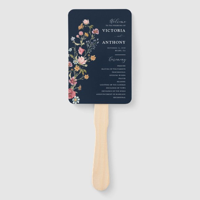 Hochzeitsprogramm für Navy Blue Wildblumen Handfan Fächer (Vorderseite)