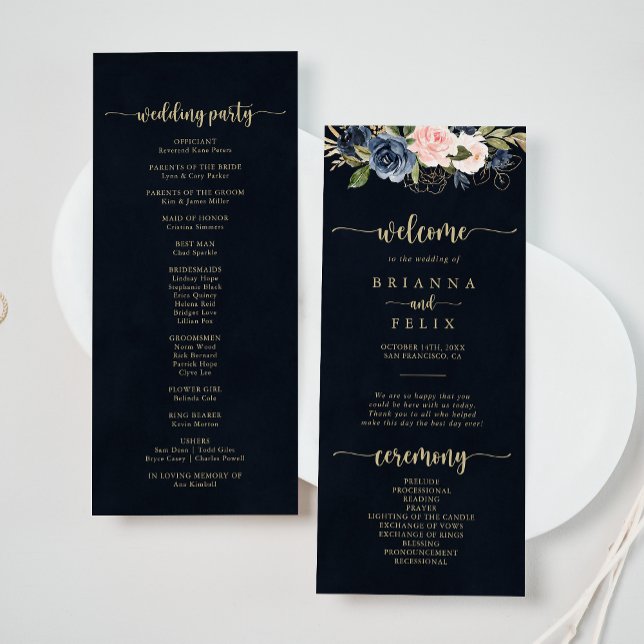 Hochzeitsprogramm für Navy Blush Floral Gold Programm (Von Creator hochgeladen)