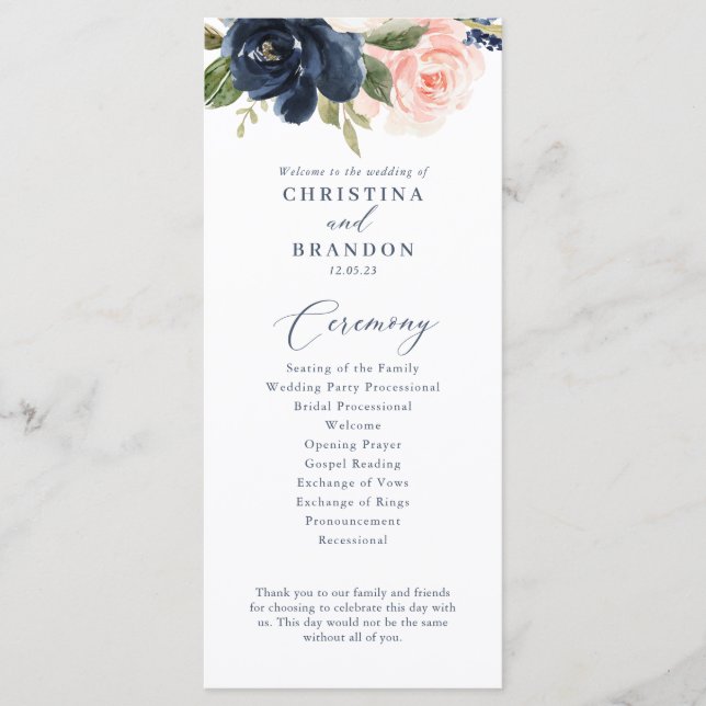 Hochzeitsprogramm für Navy und Blush Pink Menükarte (Vorderseite)
