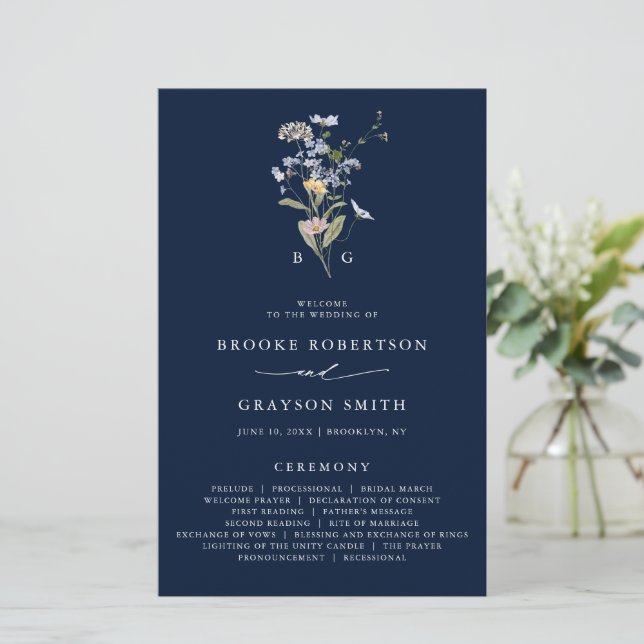 Hochzeitsprogramm für Navy Wildblume Meadow Garden (Stehend Vorderseite)