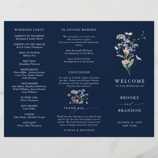 Hochzeitsprogramm für Navy Wildblume Meadow Garden (Vorderseite)