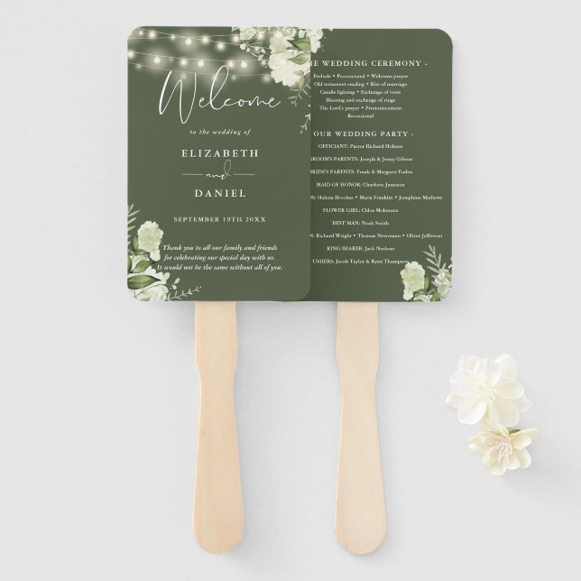 Hochzeitsprogramm für Olive Green Floral String Li Fächer (Vorne und Hinten)