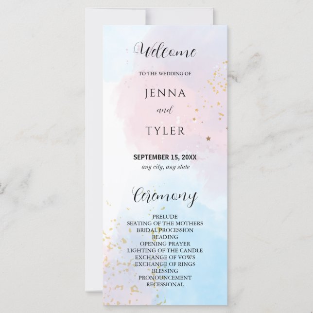 Hochzeitsprogramm für Pastellrosa und Blaue Wasser (Vorderseite)