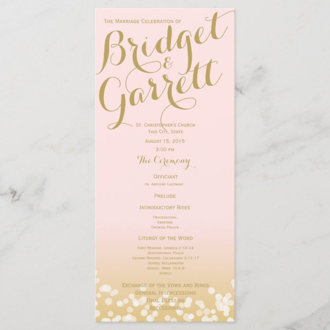 Hochzeitsprogramm für Pink und Gold Twinkle Lights Programm (Vorderseite)