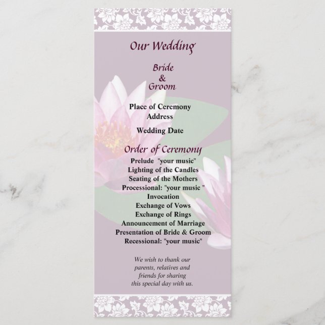 Hochzeitsprogramm für Pink Water Lilies Programm (Vorderseite)
