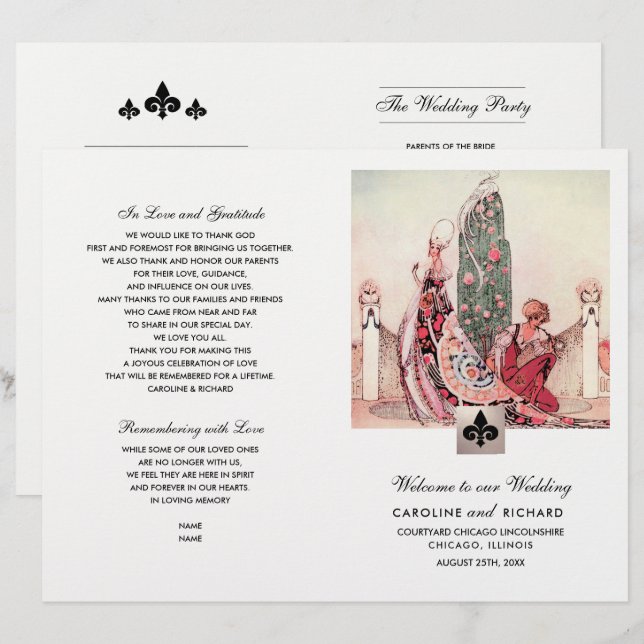 Hochzeitsprogramm für romantische Vintage Kunst (Vorne/Hinten)