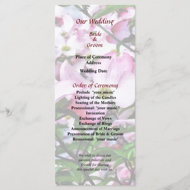 Hochzeitsprogramm für Rosa Dogwood-Blüten Programm (Vorderseite)
