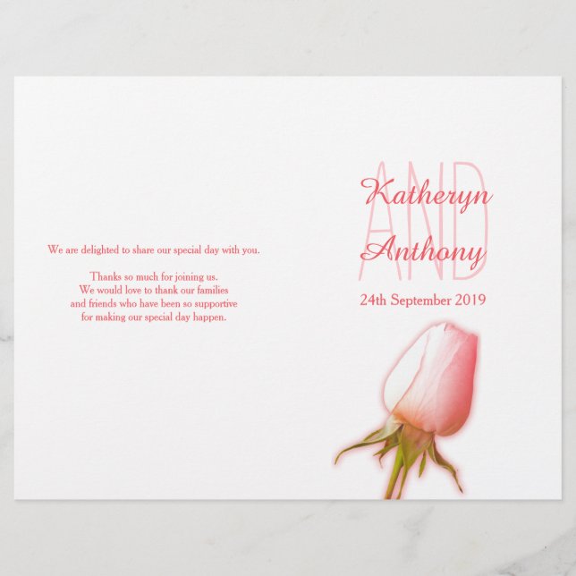 Hochzeitsprogramm für Rosa Rose (Vorderseite)