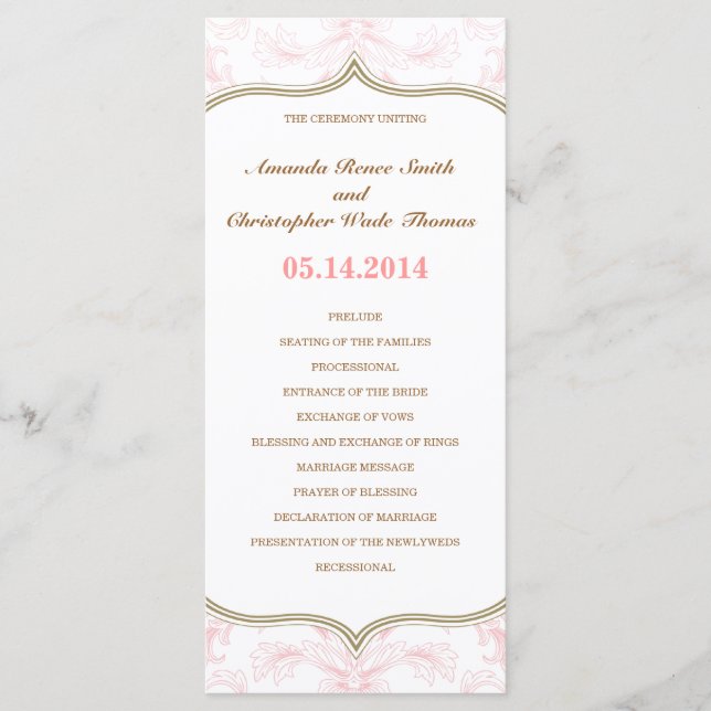 Hochzeitsprogramm für Rosa und Gold Programm (Vorderseite)