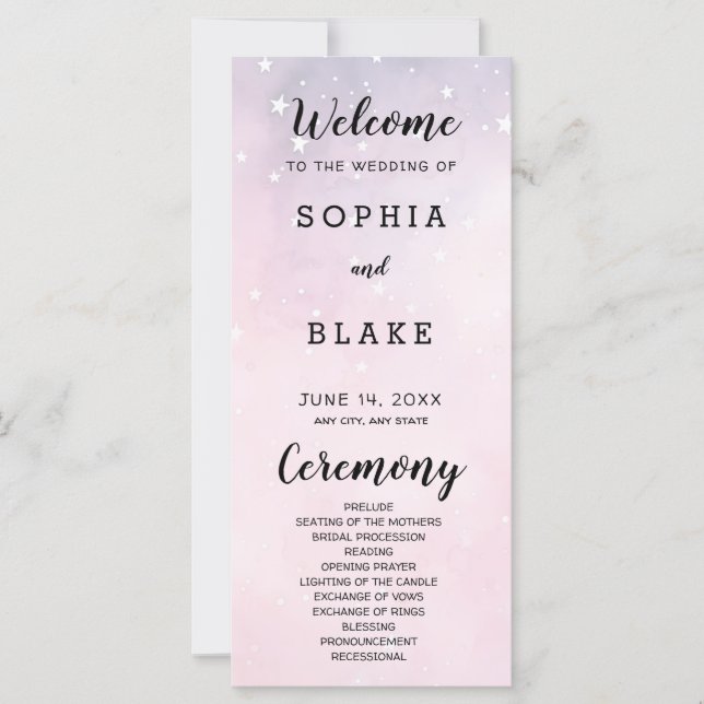 Hochzeitsprogramm für Rosa und Lila Sterne (Vorderseite)