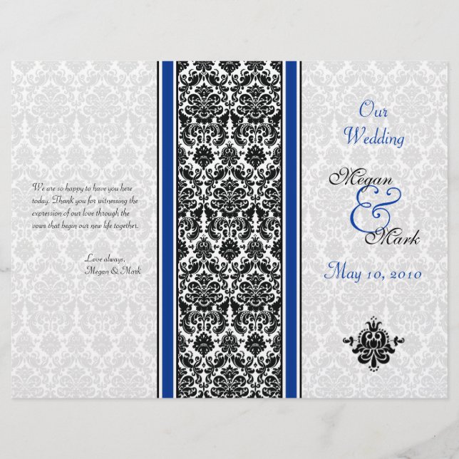 Hochzeitsprogramm für Royal Blue and Black Damask (Vorderseite)