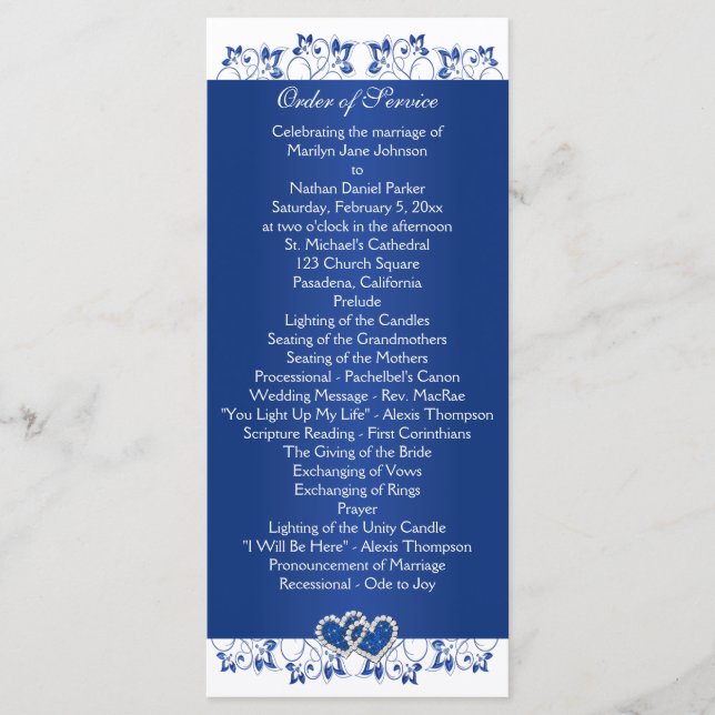 Hochzeitsprogramm für Royal Blue, White Floral Hea Programm (Vorderseite)
