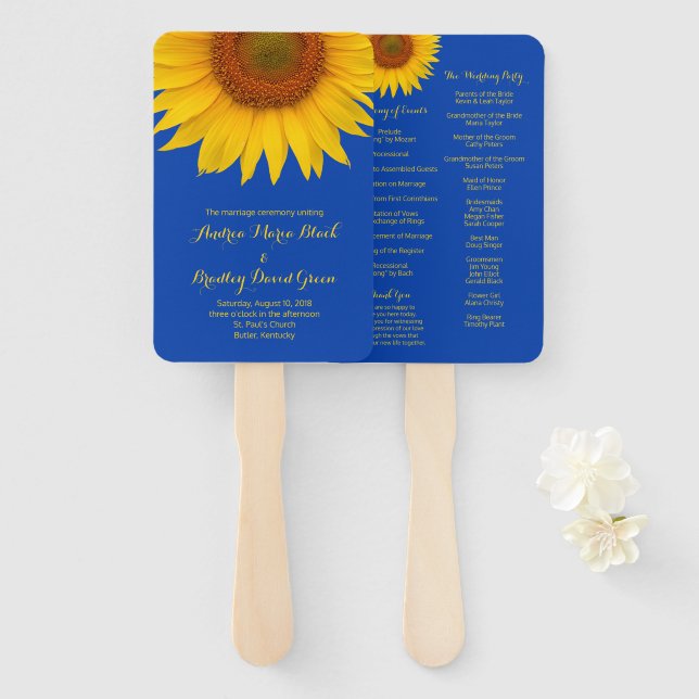 Hochzeitsprogramm für Royal Blue Yellow Sunflower Fächer (Vorne und Hinten)