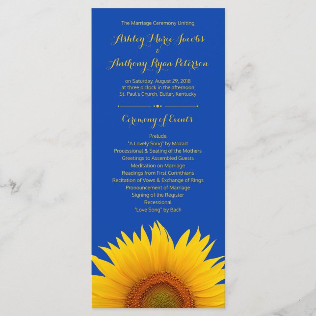 Hochzeitsprogramm für Royal Blue Yellow Sunflower Programm (Vorderseite)