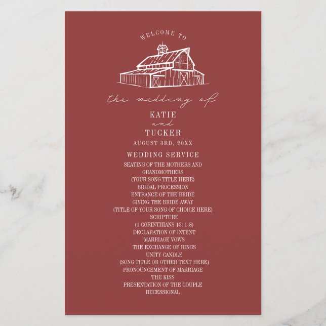 Hochzeitsprogramm für rustikale Barnschnecken (Vorderseite)