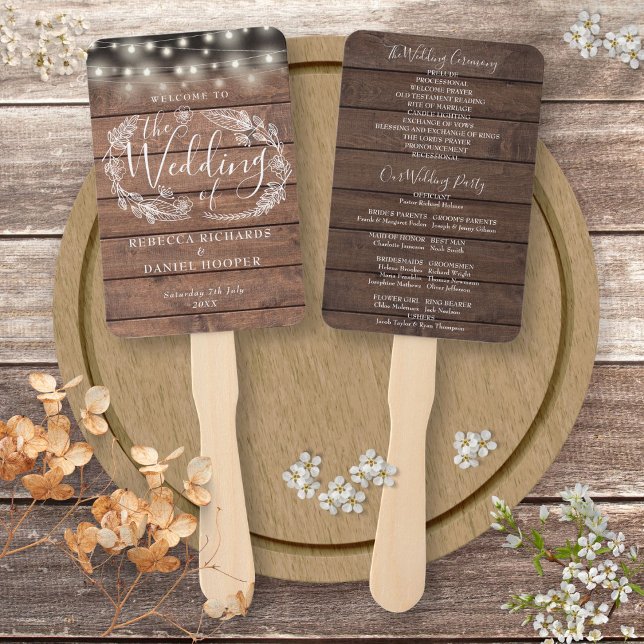 Hochzeitsprogramm für rustikale Holzblumen Fächer (Rustic Wood Floral String Lights Wedding Program Hand Fan)