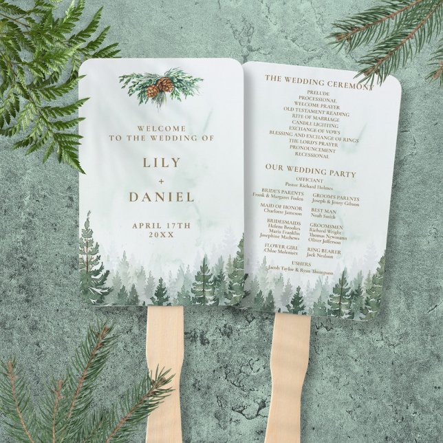 Hochzeitsprogramm für Rustikale Pinienwälder Fächer (Rustic Watercolor Pine Forest Wedding Program Hand Fan)