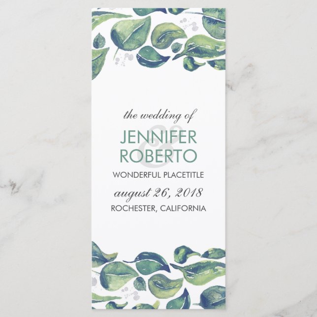 Hochzeitsprogramm für rustikale Wasserfarben-Blätt Programm (Vorderseite)
