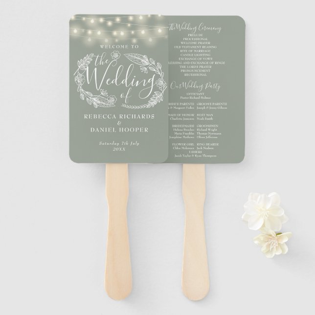 Hochzeitsprogramm für sattelgrüne String-Lichter Fächer (Vorne und Hinten)