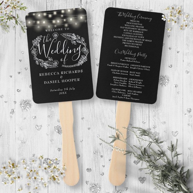 Hochzeitsprogramm für Schwarz-Weiß-Lichter Fächer (Black And White String Lights Wedding Program Hand Fan)