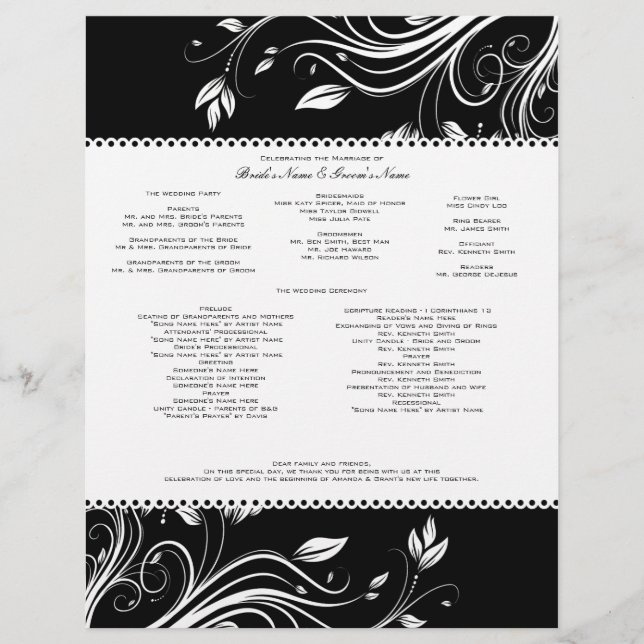 Hochzeitsprogramm für Schwarz-Weiß-Wirbel (Vorderseite)