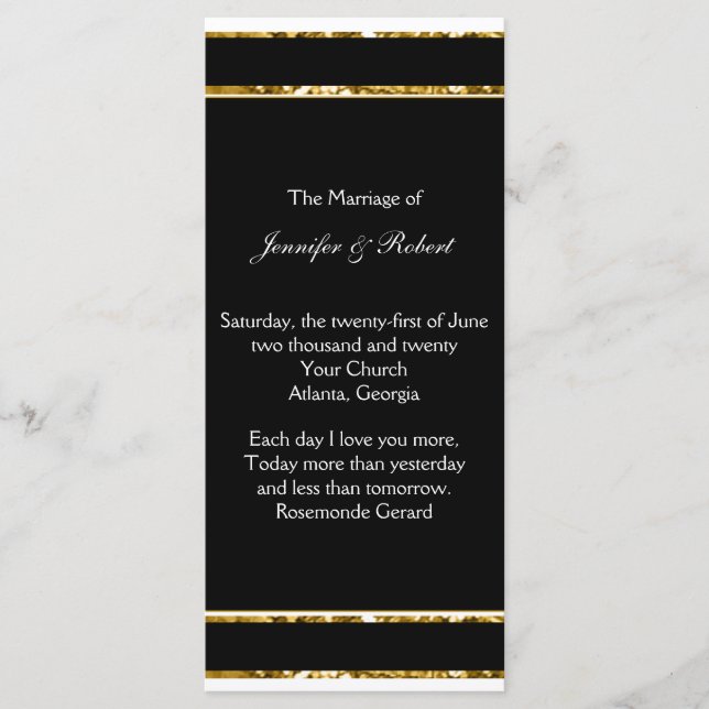 Hochzeitsprogramm für Schwarz-weiße Glitzer und Go Programm (Vorderseite)