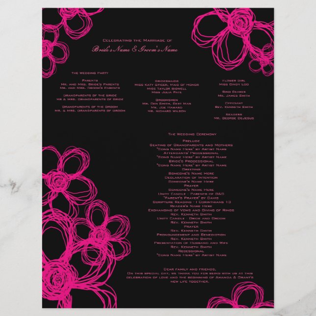 Hochzeitsprogramm für Schwarze und Rosa Wilde Blum (Vorderseite)
